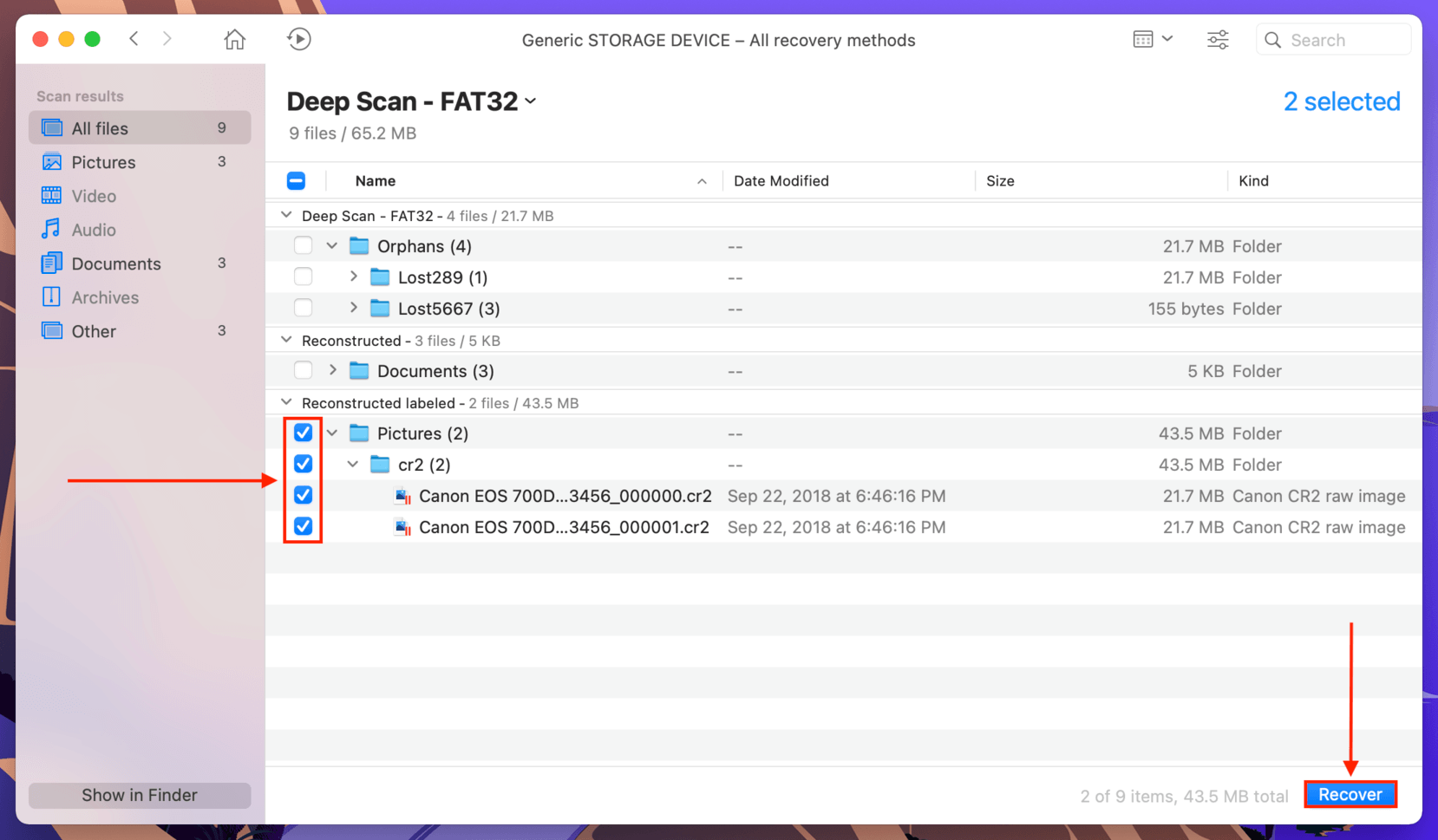 Disk Drill file selection