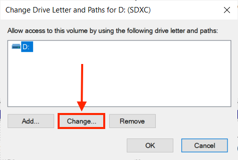 Disk Management change drive letter dialogue box
