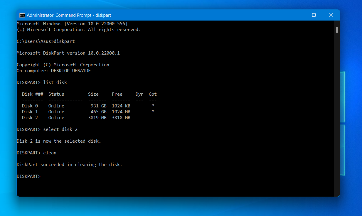 diskpart clean command