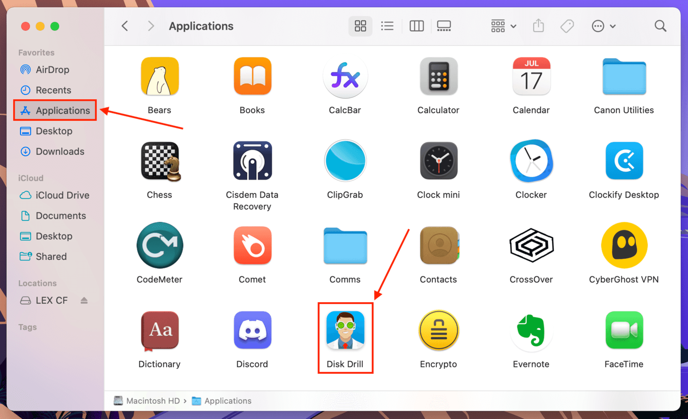 DIsk Drill icon in the Finder Applications folder