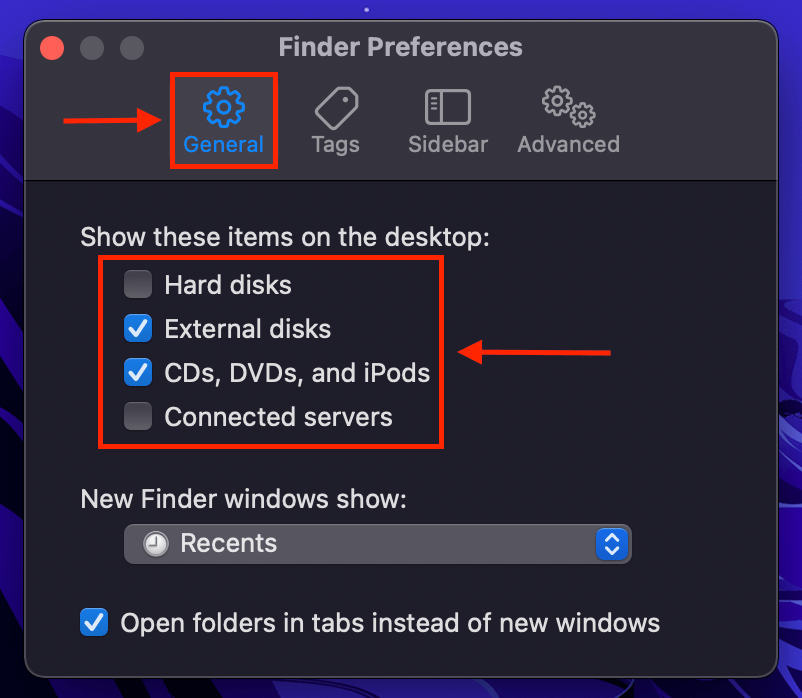 Display options in the General tab in the Finder Preferences window