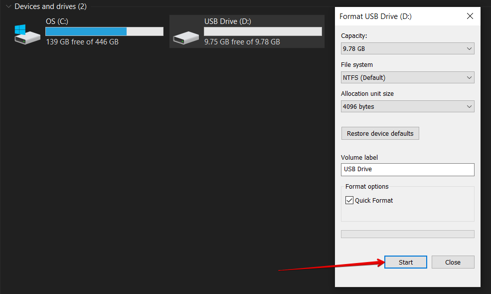 USB start format