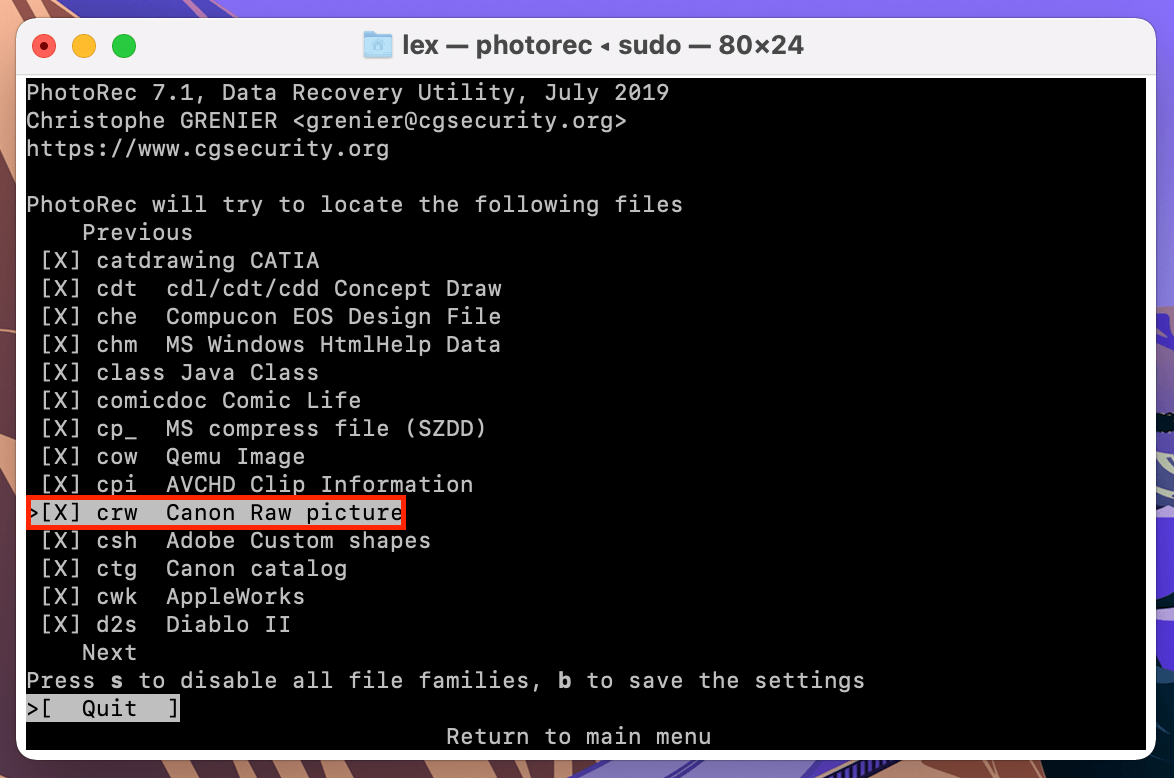 PhotoRec file type selection