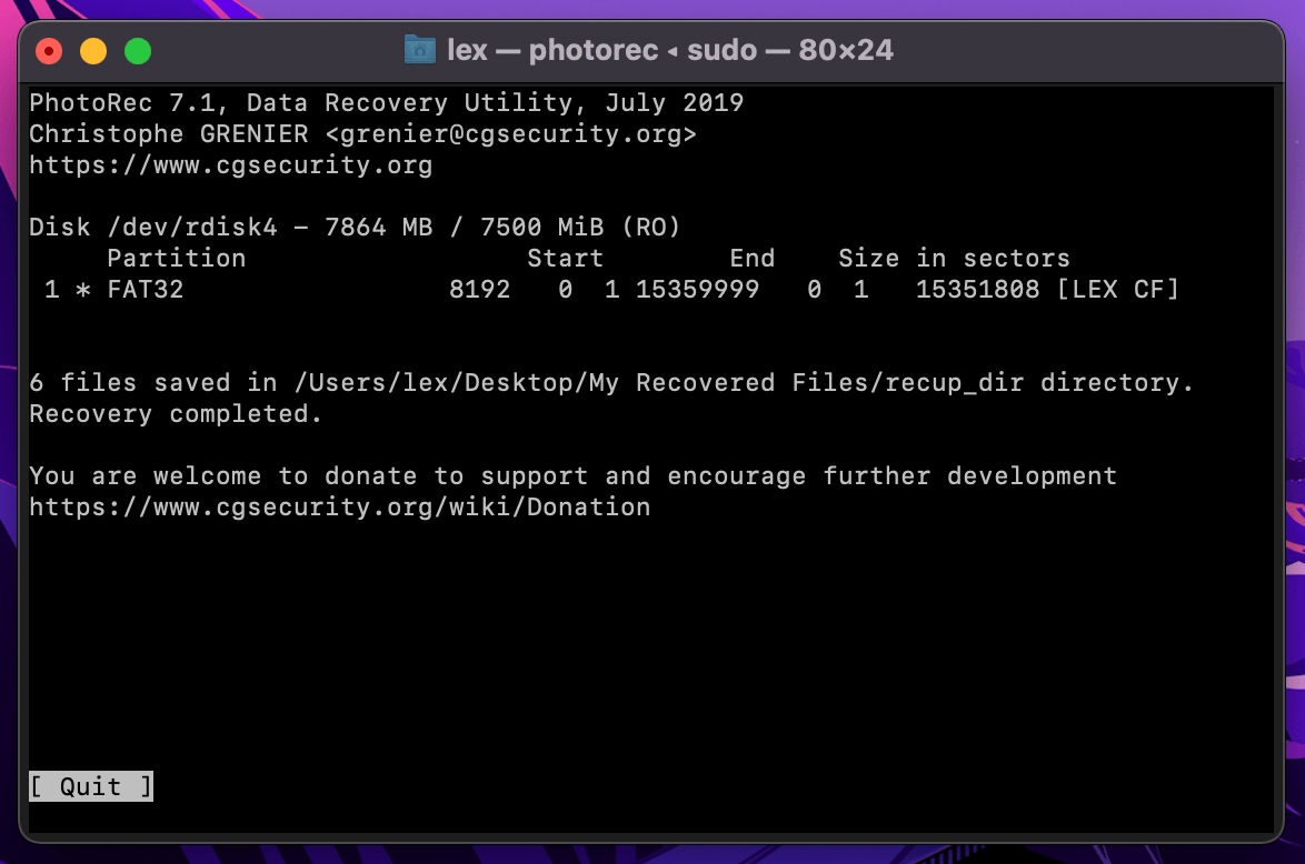 PhotoRec scan completion screen