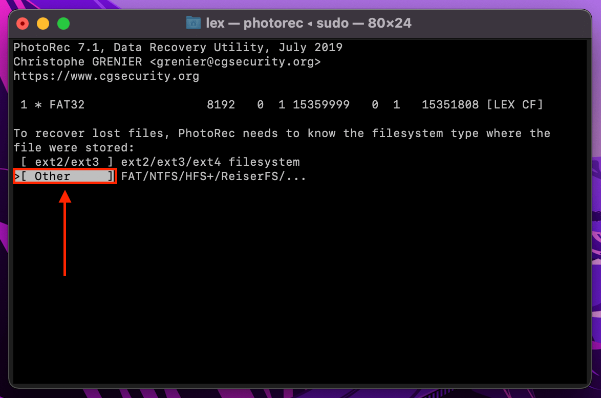 PhotoRec file system selection