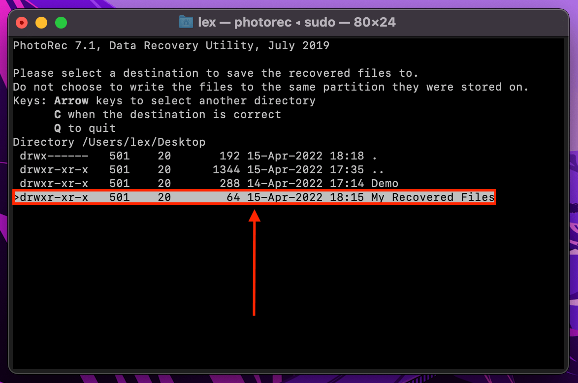 PhotoRec save file destination selection