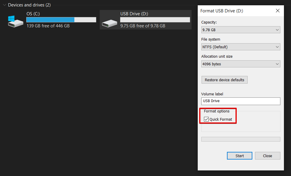 USB quick format