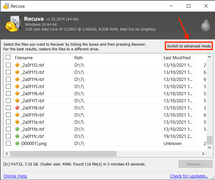 Recuva Advanced Mode button