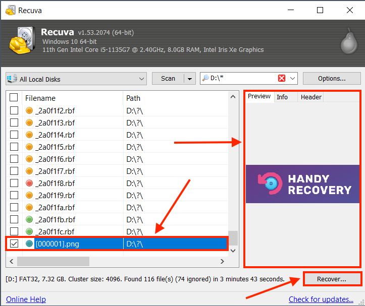 Recuva preview demonstration and file selection