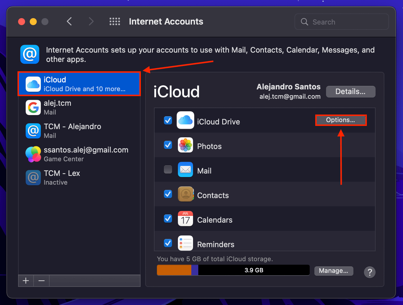 iCloud Drive Options button in the Internet Accounts window