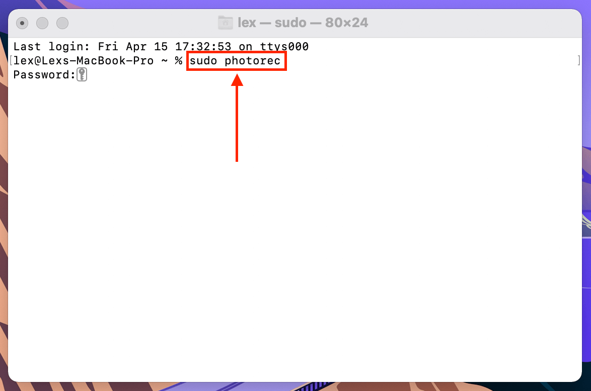 Sudo PhotoRec command in Terminal