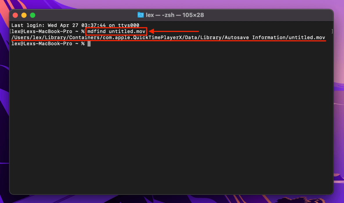 MDFIND command in the Terminal app