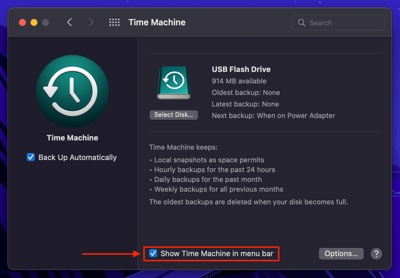 Setting to enable Time Machine button in the Apple menu bar
