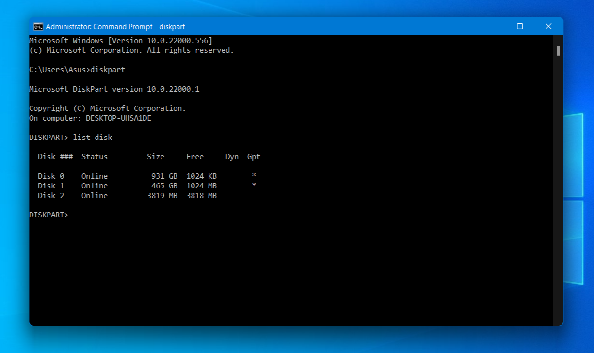 diskpart list disk command