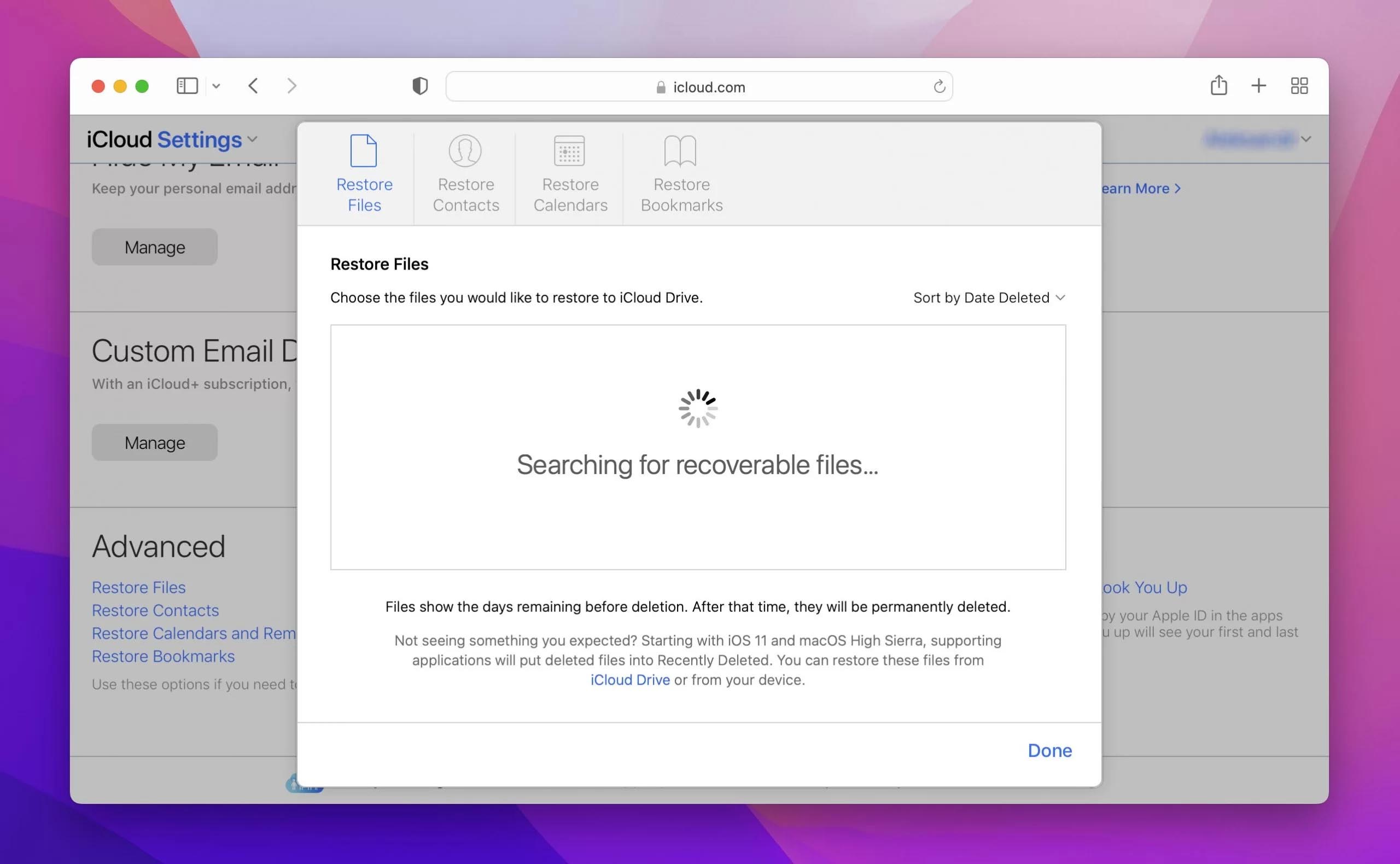 Restoring files using iCloud