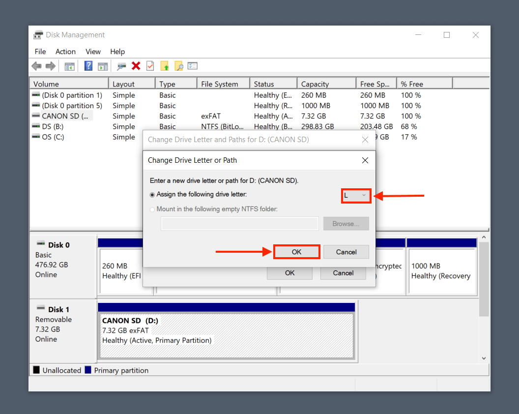 Disk Management disk letter selection dialogue box