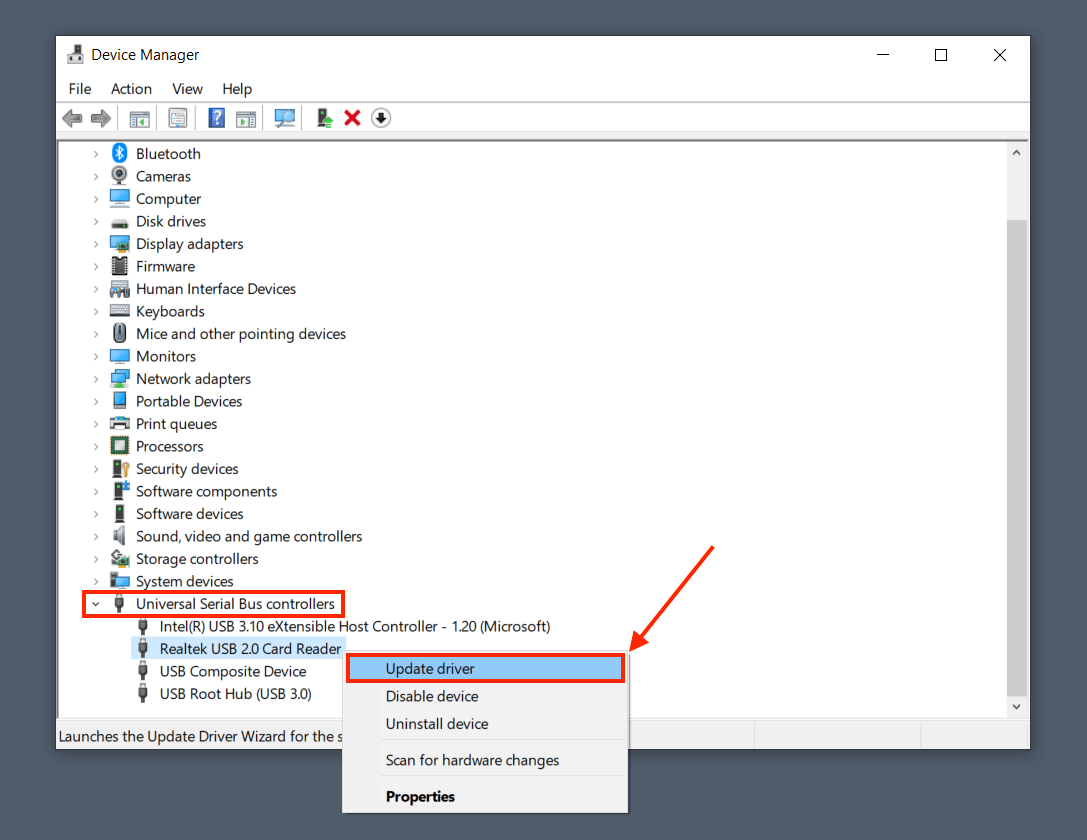 Update USB drive option in Device Manager