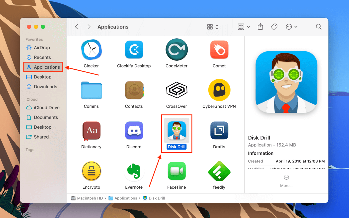 Disk Drill app in the Finder Applications folder