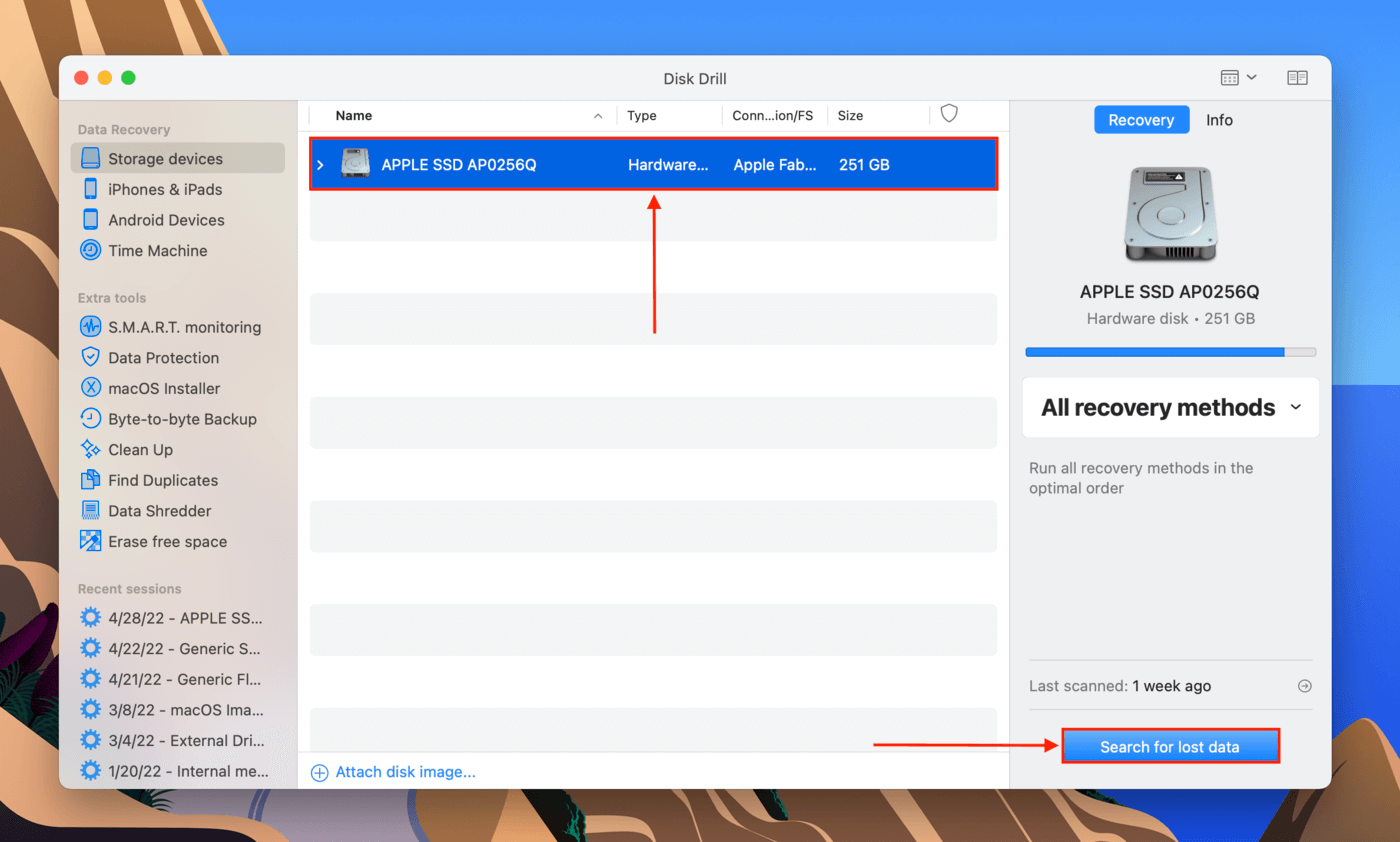 Disk Drill drive selection screen