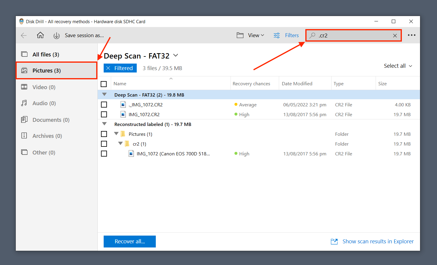 Disk Drill search bar and file type sidebar
