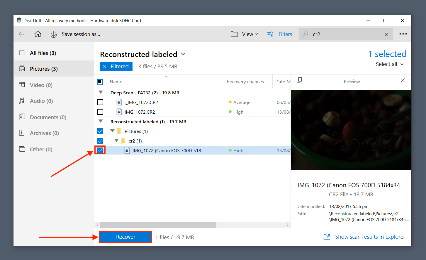 Disk Drill file selection column