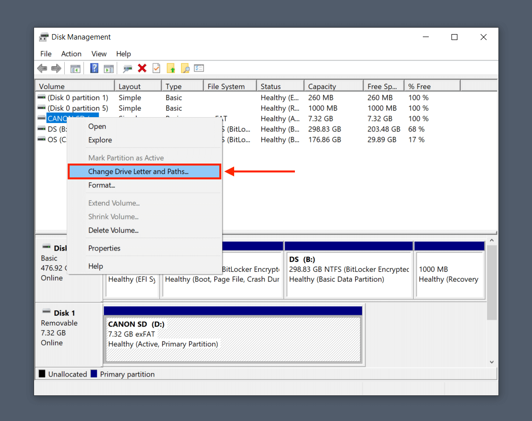 Change drive letter option in Disk Management