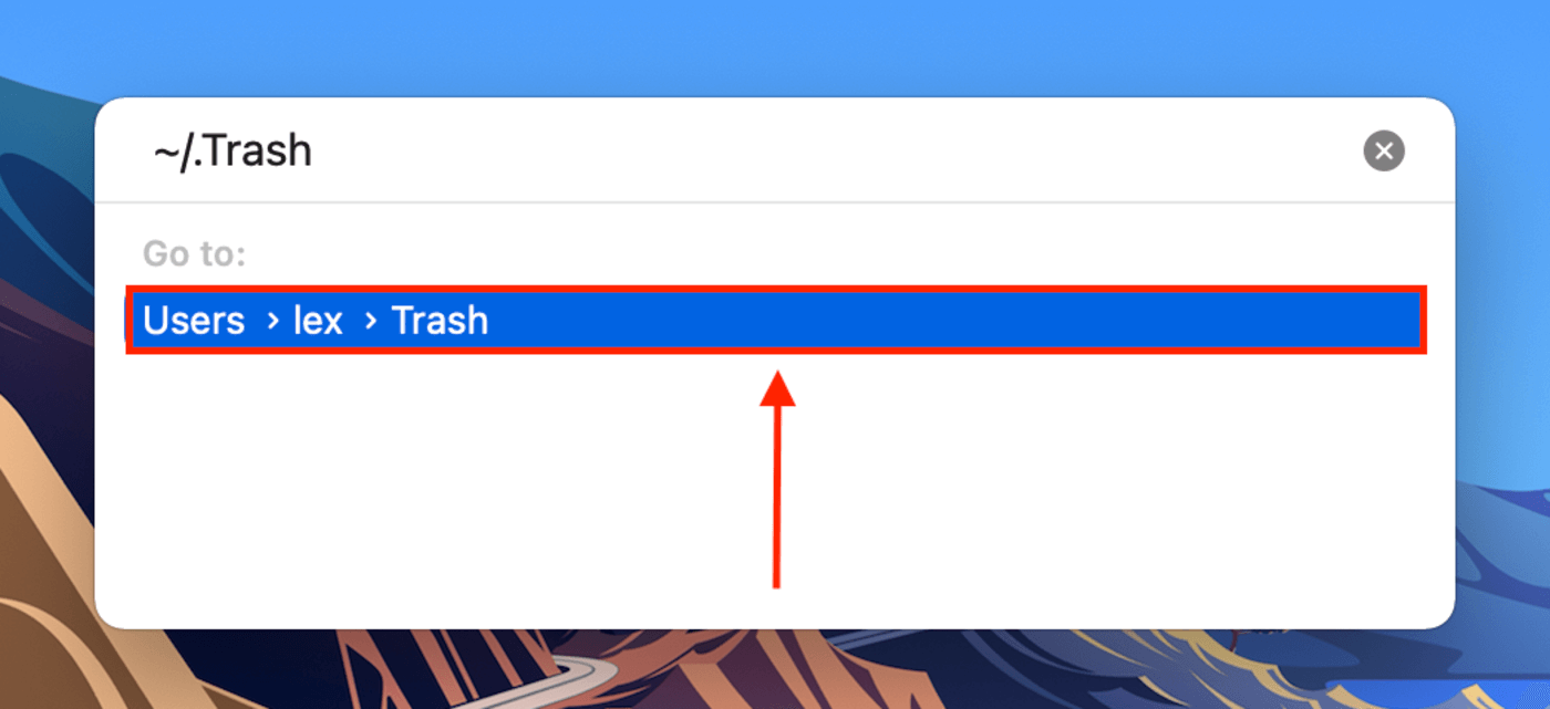 Trash path in the Finder Go window