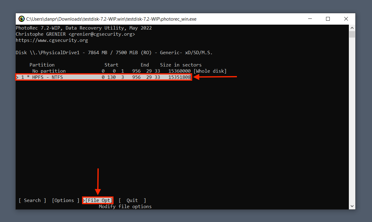 File Opt option in the PhotoRec partition selection screen