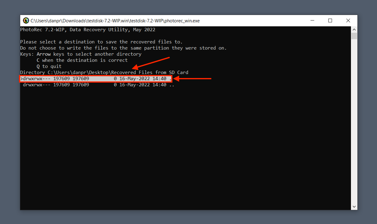 PhotoRec file destination selection screen
