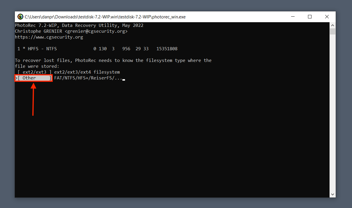 PhotoRec file system selection screen