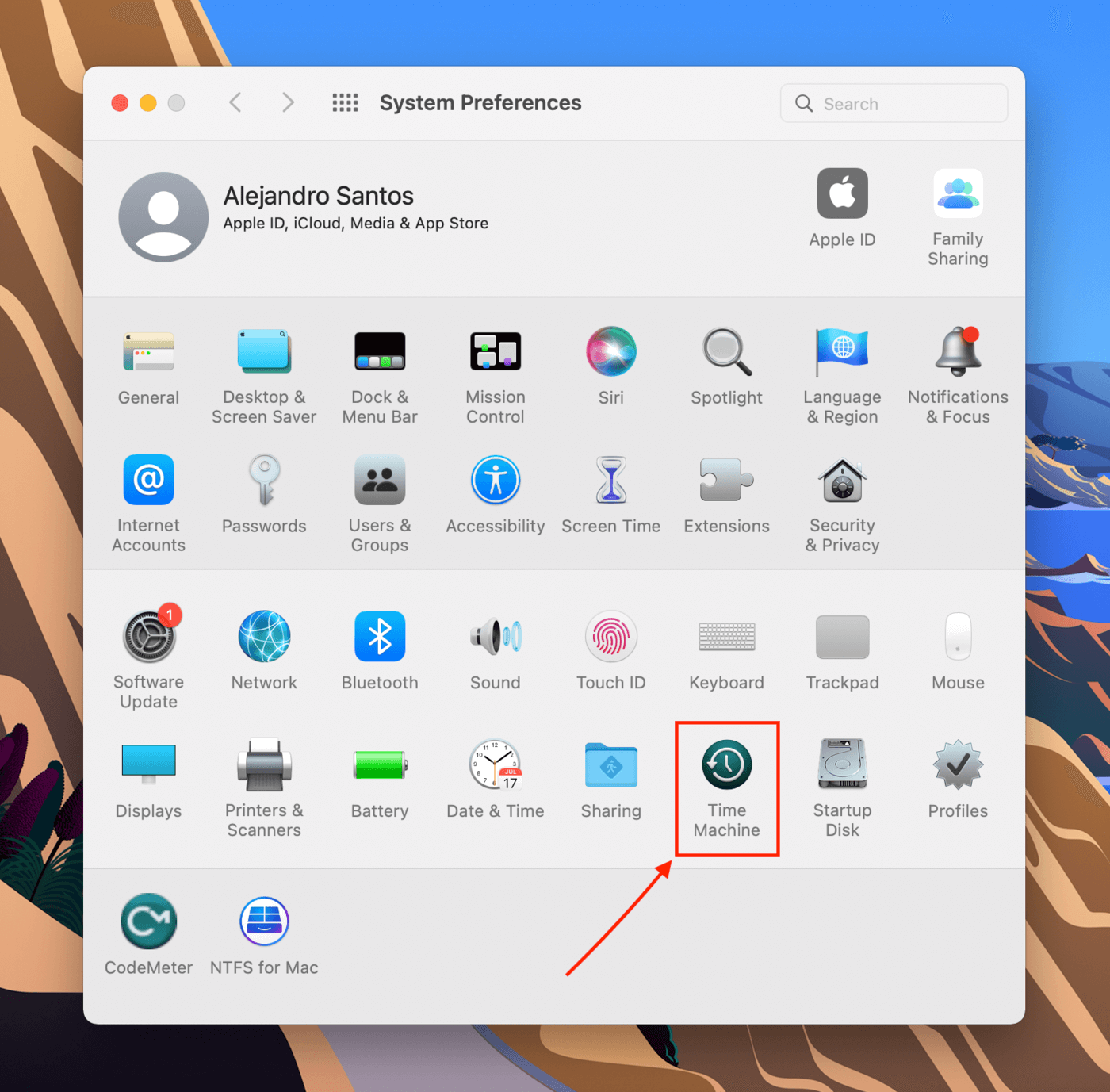 Time Machine app in the System Preferences window