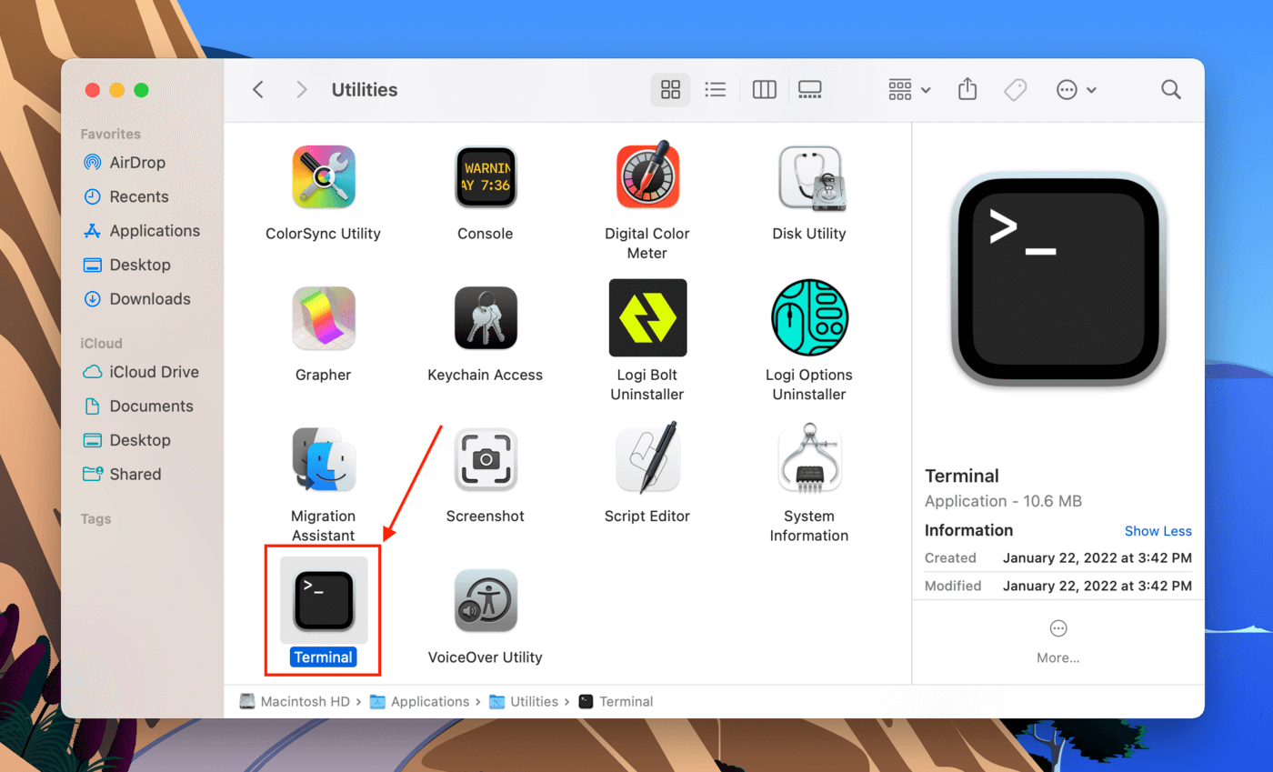 Terminal app in the Finder Applications folder