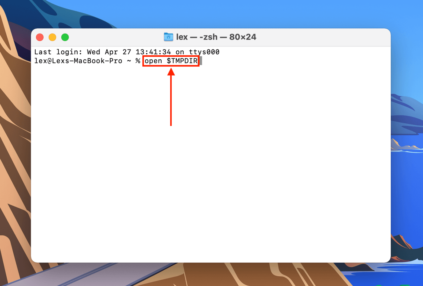 Open Temporary Folder command in the Terminal app