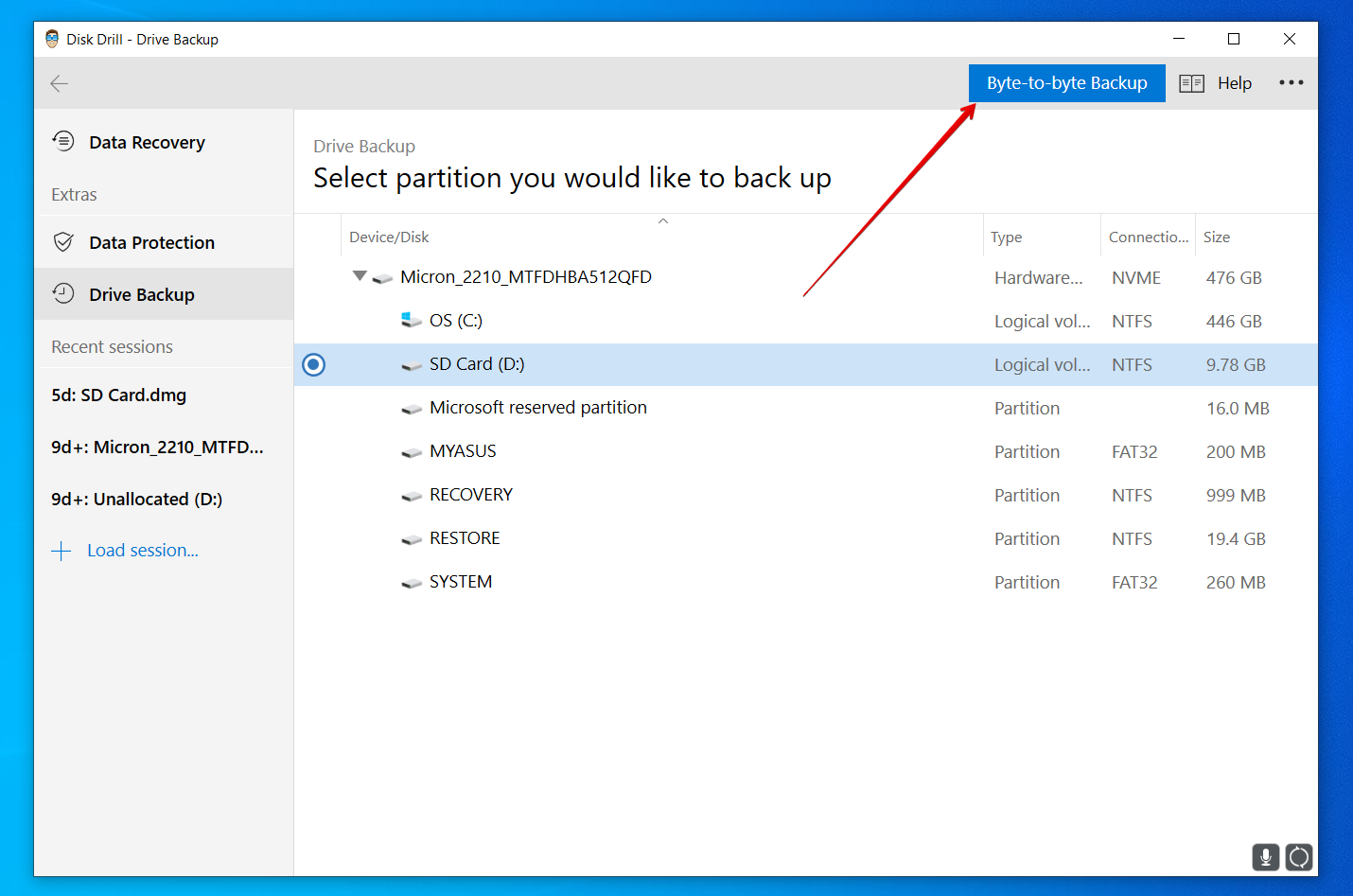 disk drill byte to byte backup button