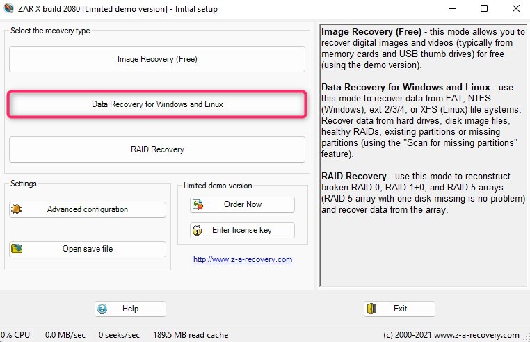selecting from types of data recovery on ZAR
