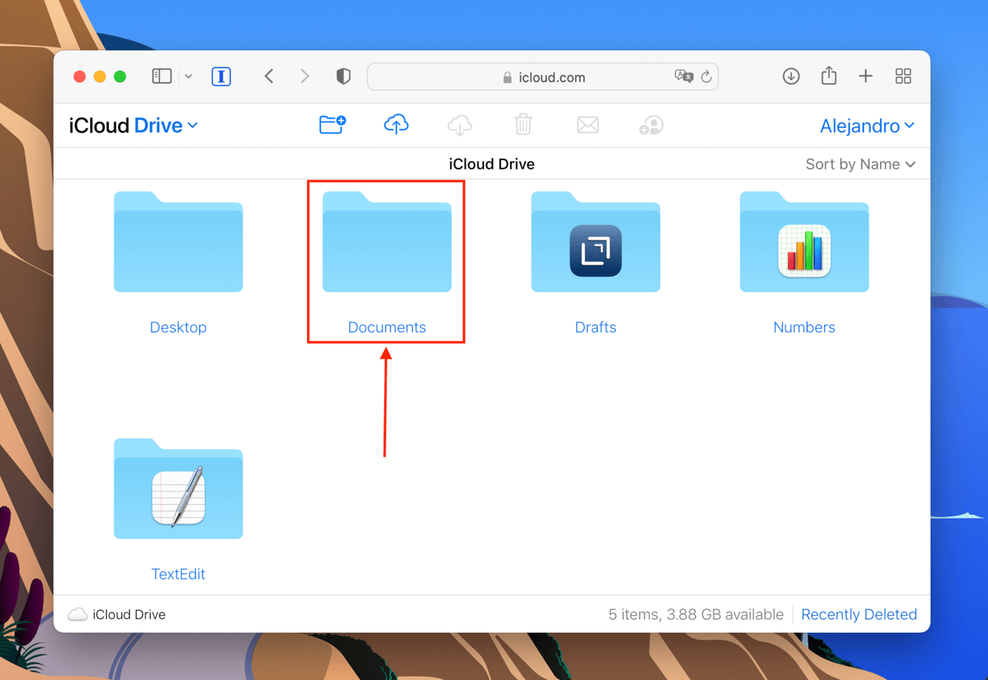 Documents folder in the iCloud website