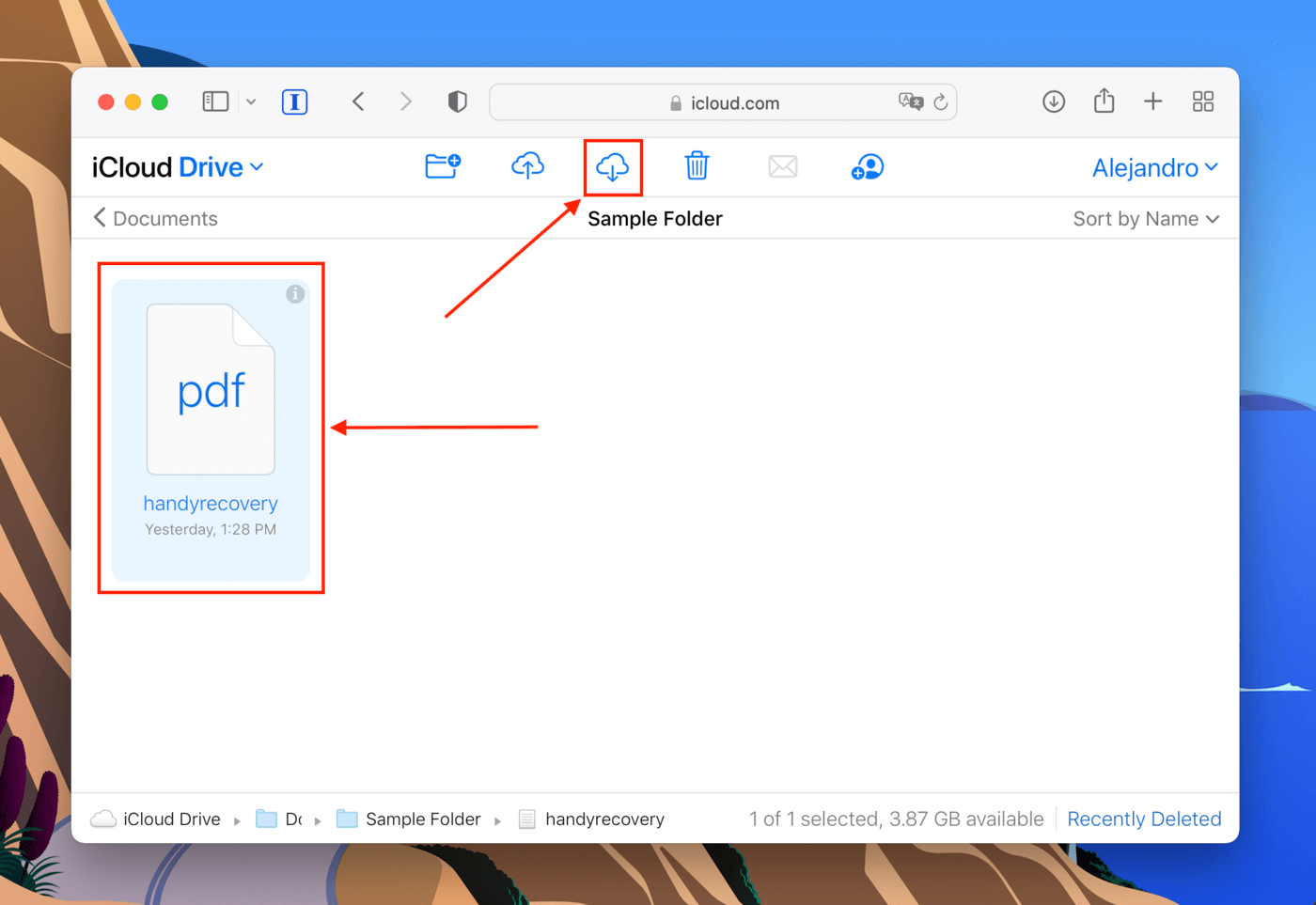 iCloud download button in the browser