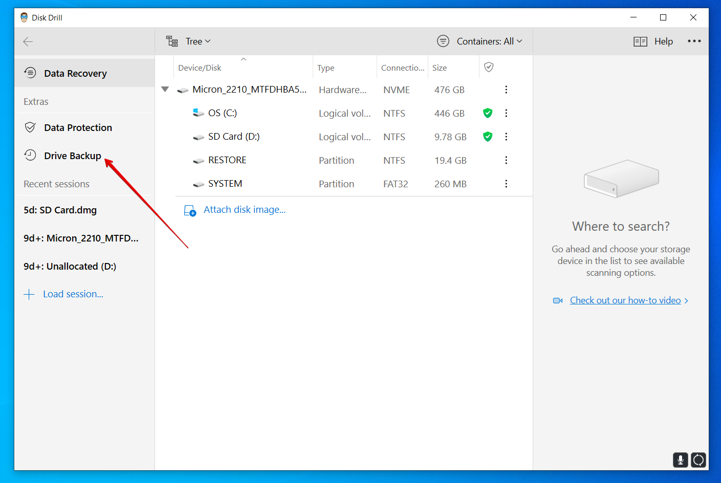 select partition to backup