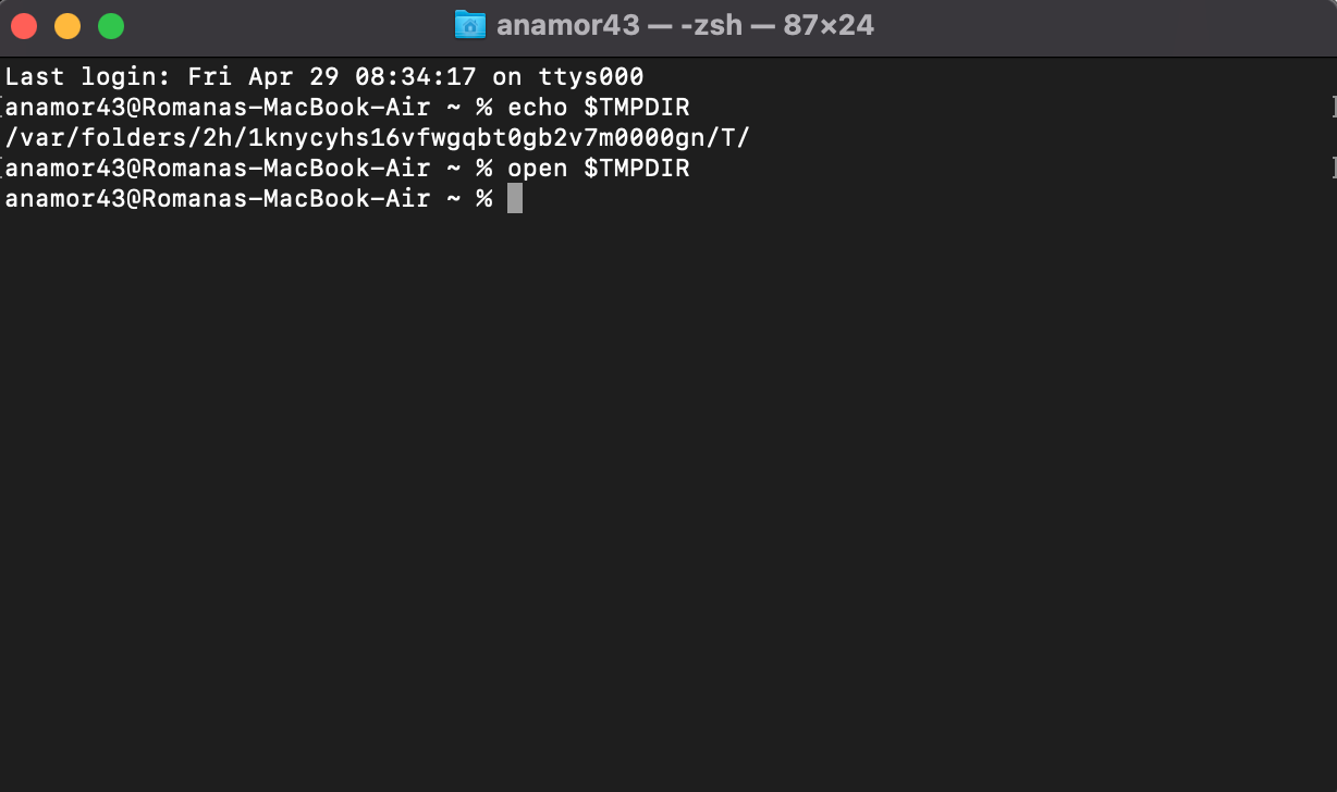 open temp files folder with terminal on Mac