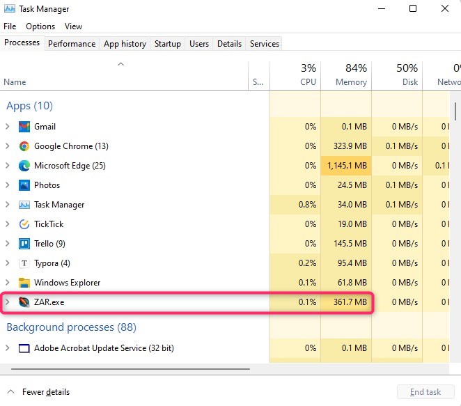 taskbar showing ZAR as resource-heavy