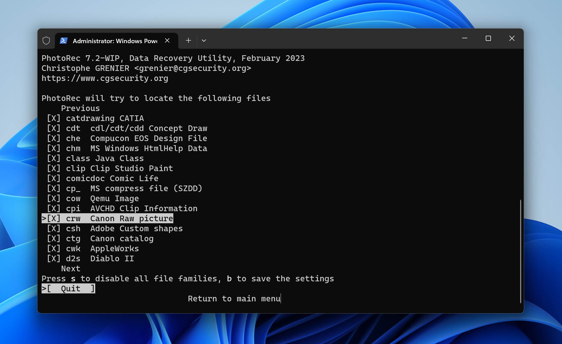 Select file types in PhotoRec