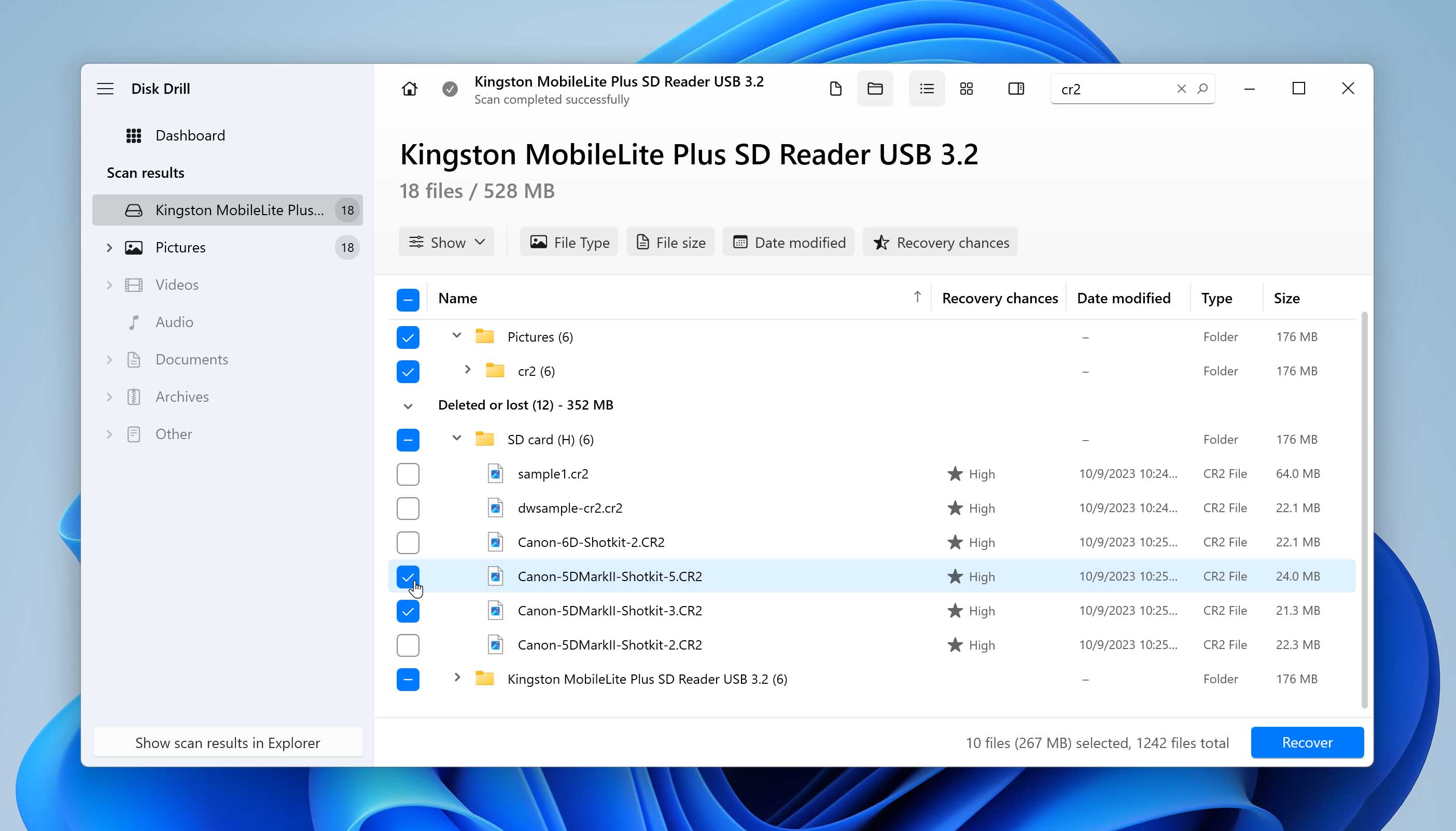 Select files for recover