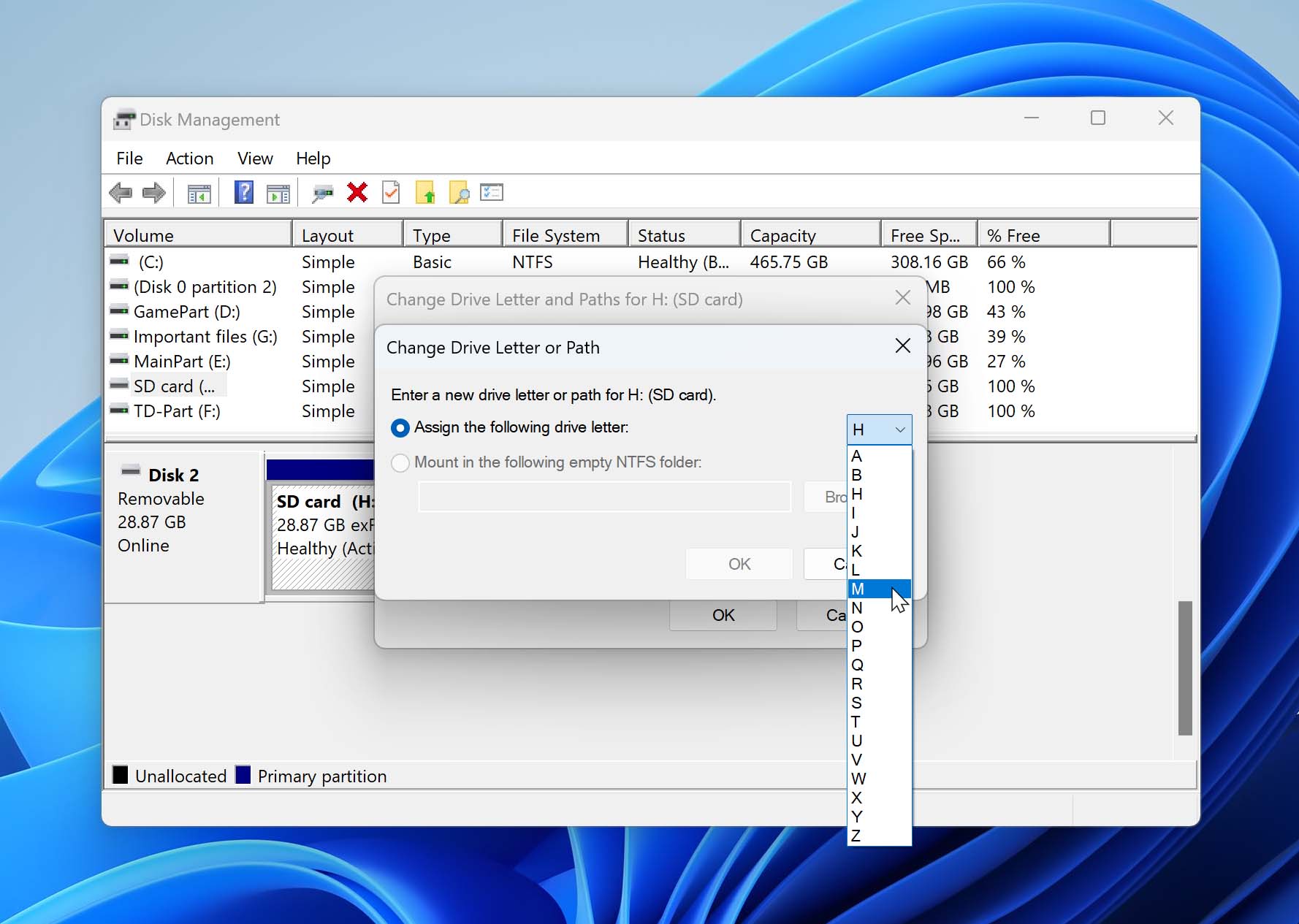 Select new drive for SD card