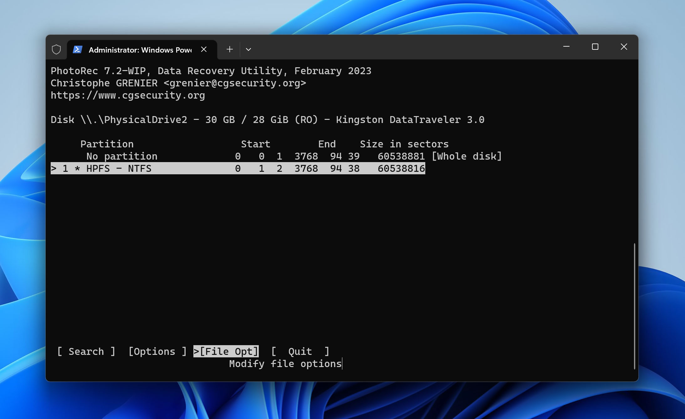 Select partition and file options