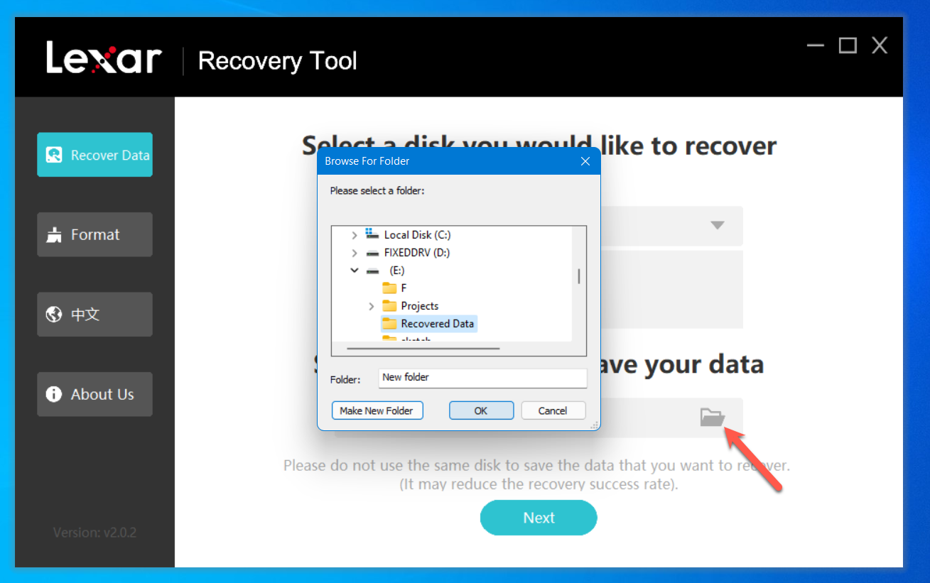 lexar recovery tool select recovery directory