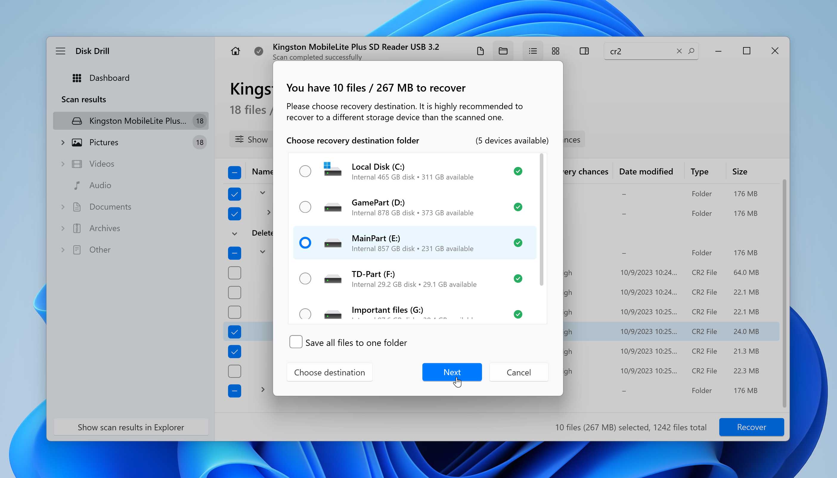 select recovery location for files