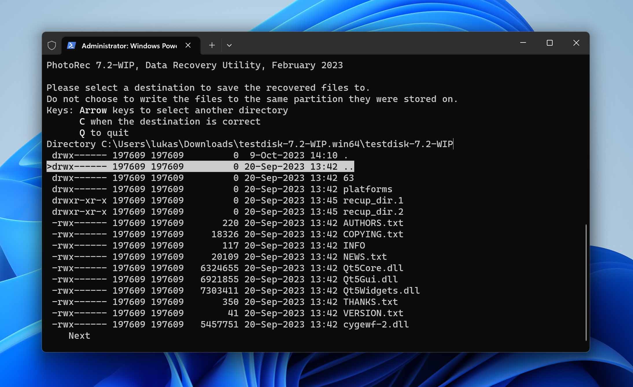 select recovery path in photorec