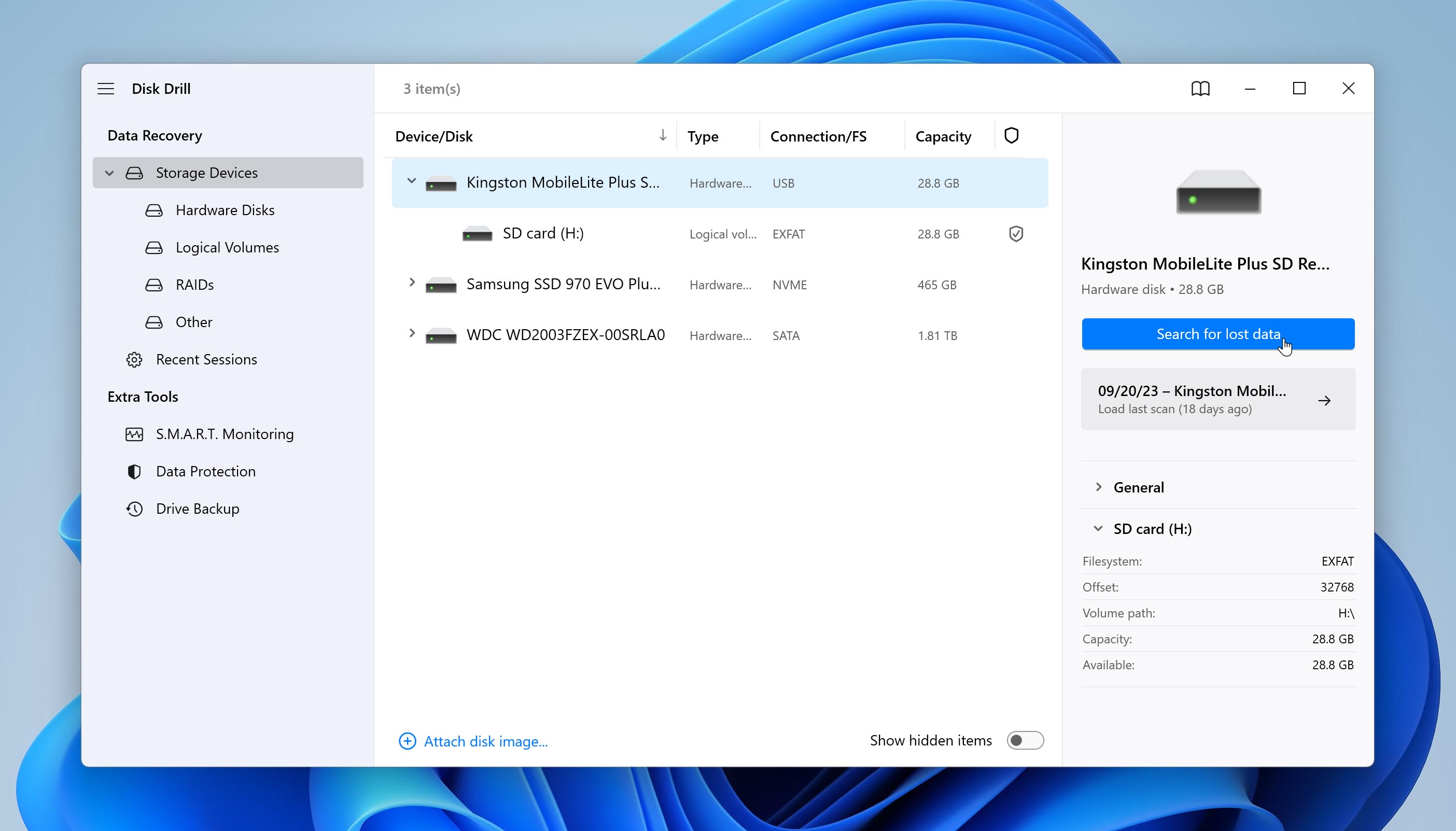 Select card reader from device list in Disk Drill