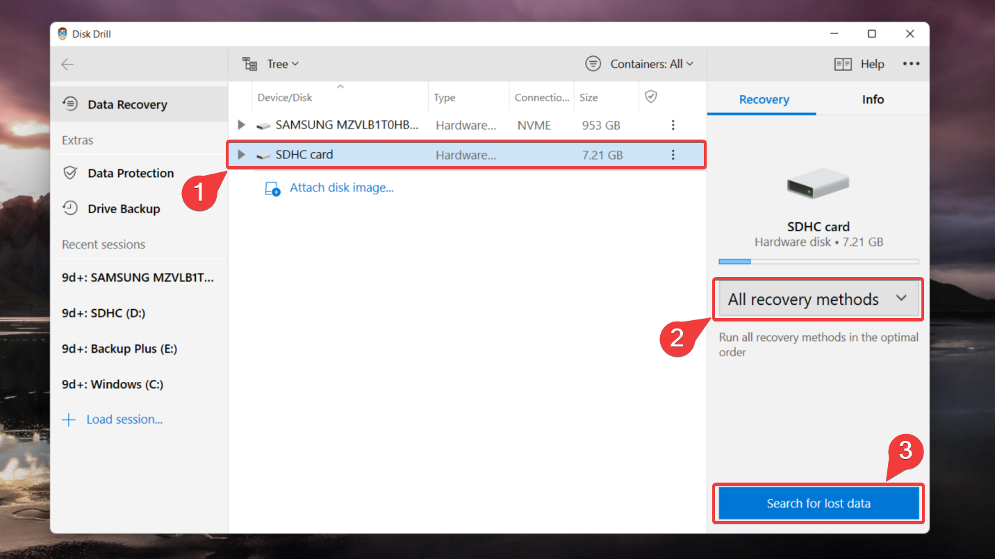 selecting the SD card from disk drill