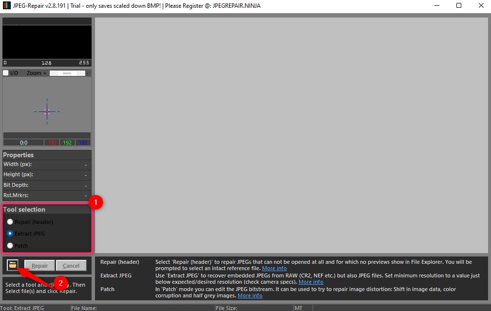 selecting a tool in jpeg repair